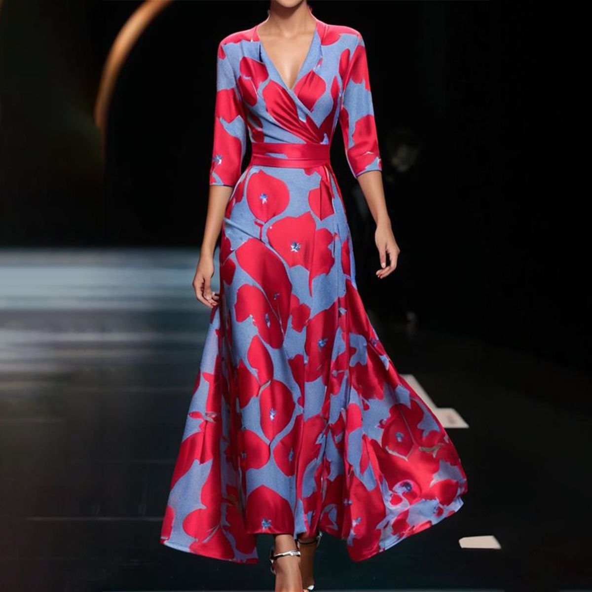 Elegant V-Neck 3/4 Sleeve Dress