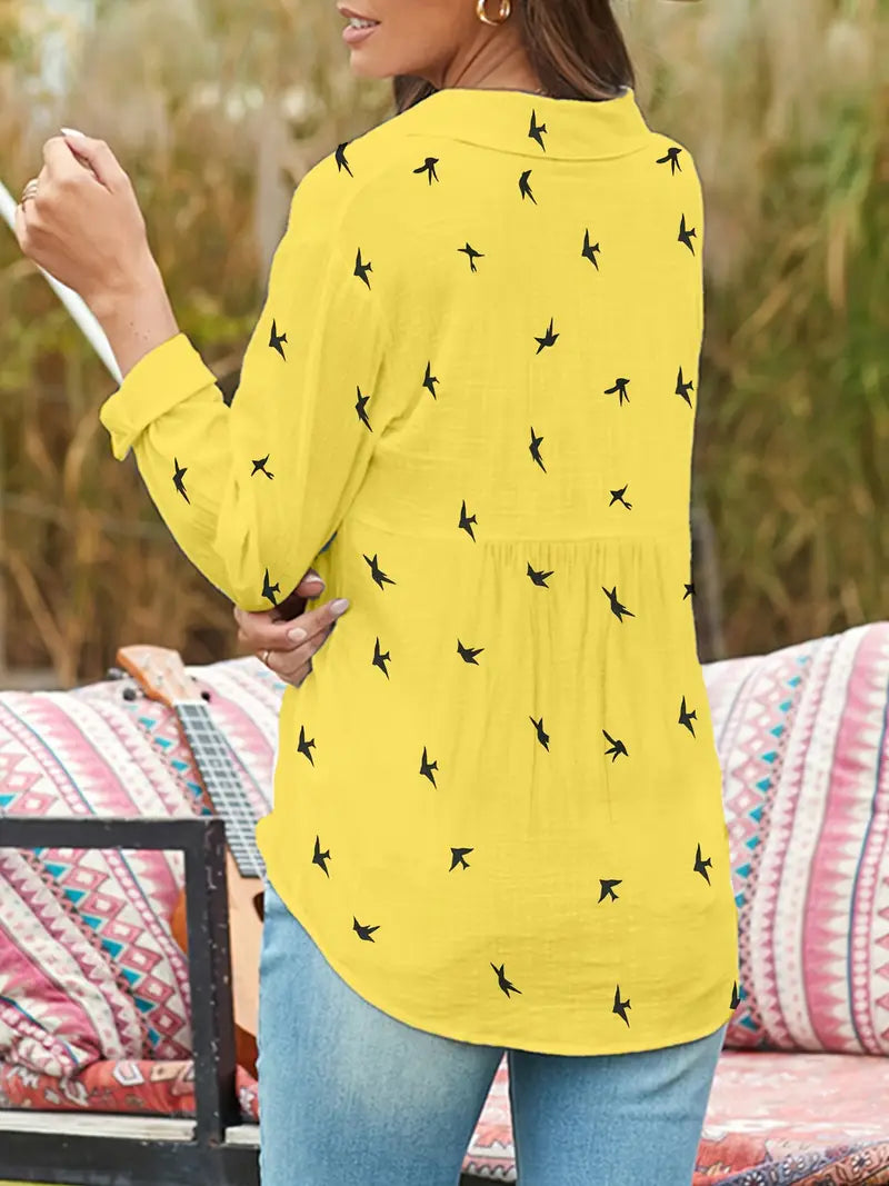 Easy-Care Bird-Print Blouse
