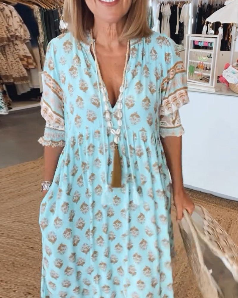 Featherlight Printed V-Neck Dress