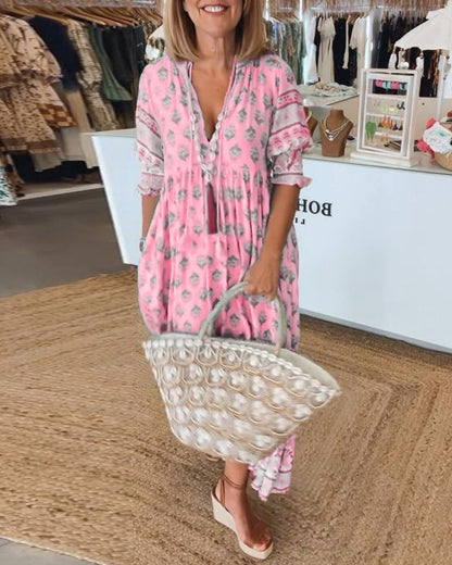 Featherlight Printed V-Neck Dress