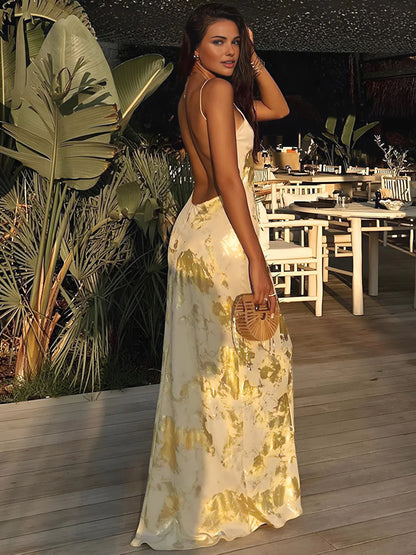 Flattering Metallic Backless Evening Dress