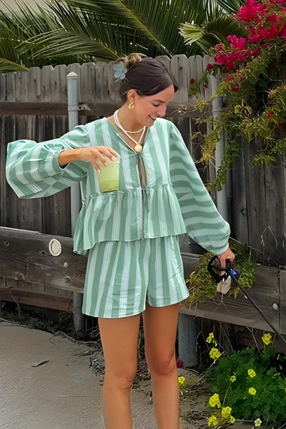 Coastal-Elegance Blouse-Shorts Set