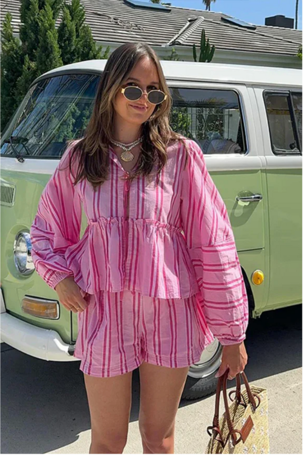 Coastal-Elegance Blouse-Shorts Set
