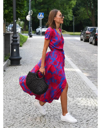 Vibrant V-Neck: Flattering Printed Dress