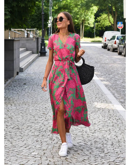 Vibrant V-Neck: Flattering Printed Dress