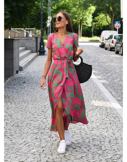Vibrant V-Neck: Flattering Printed Dress