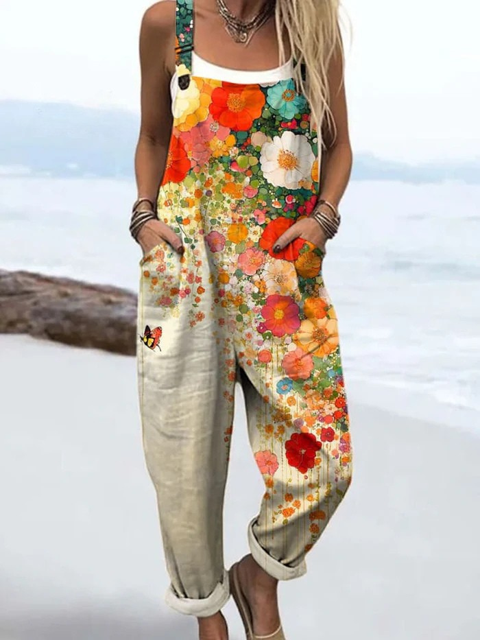 Artistic-Print Vintage Jumpsuit
