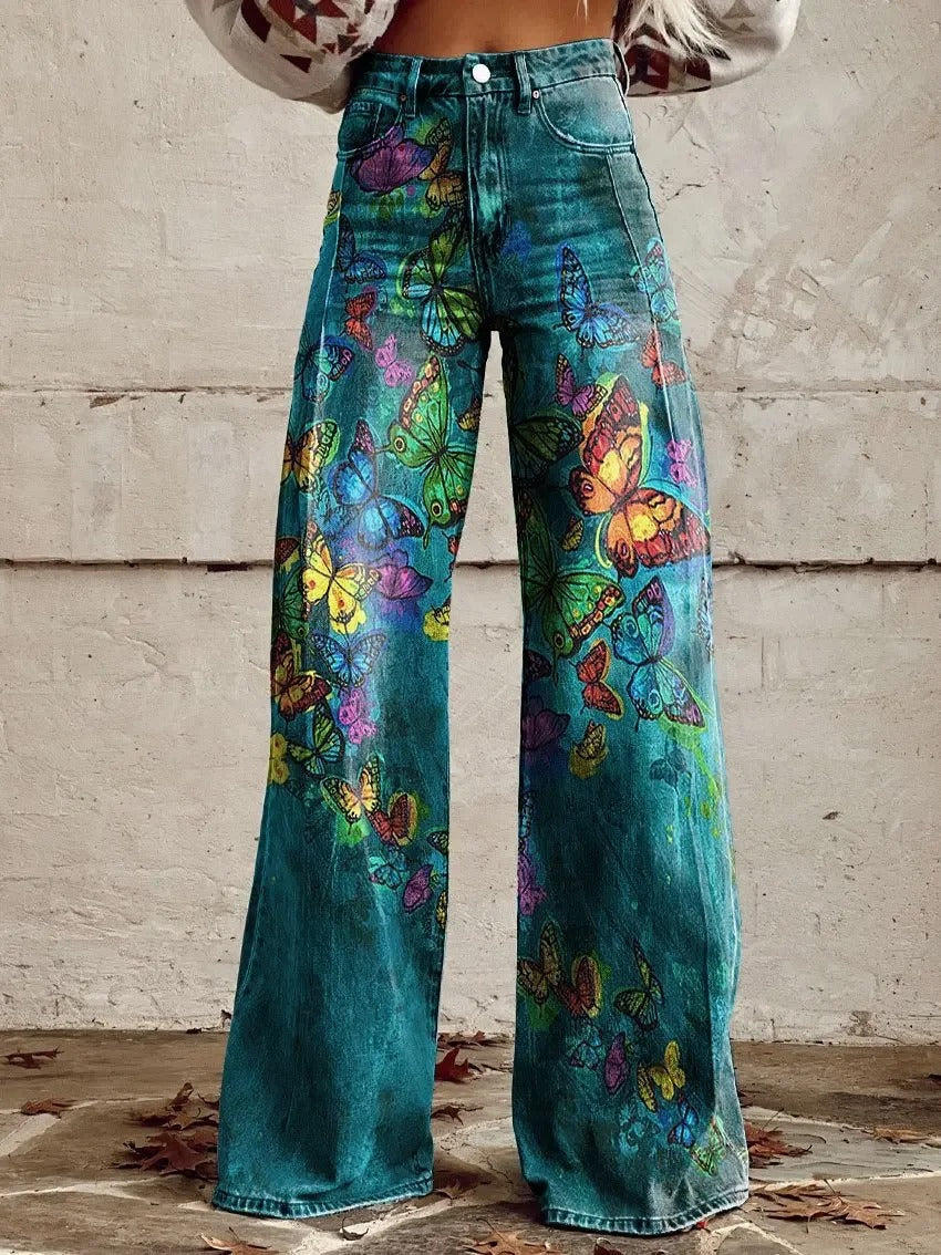 Butterfly-Print Wide-Leg Pants