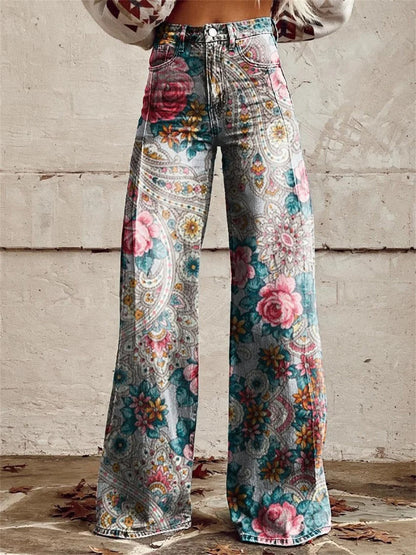 Daisy-Printed Vintage Wide-Leg Trousers