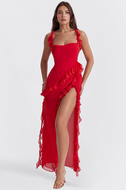 Elegant Cherry Evening Maxi Dress