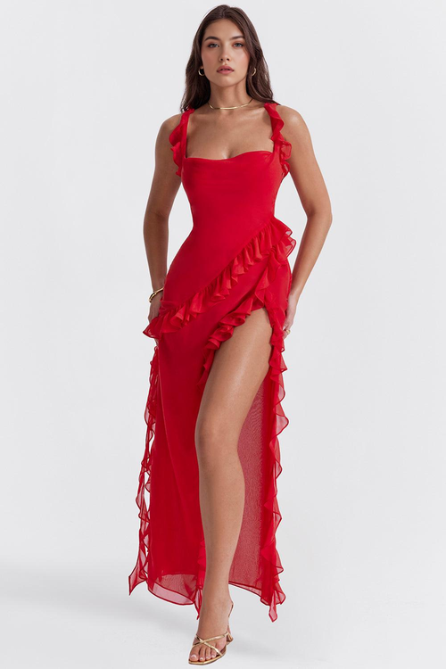 Elegant Cherry Evening Maxi Dress