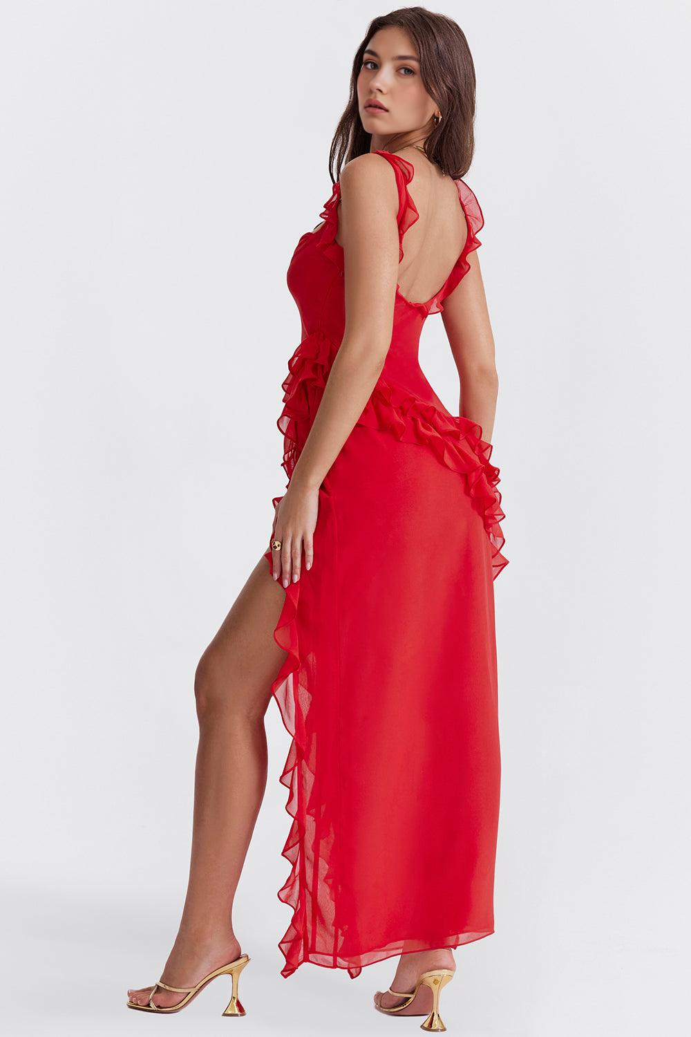 Elegant Cherry Evening Maxi Dress