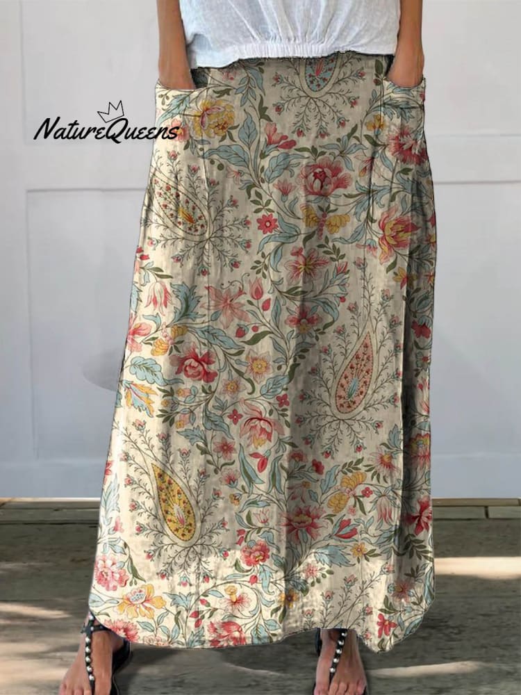 Retro Floral Linen Skirt