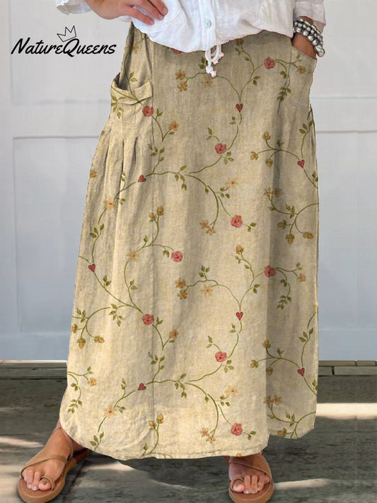 Retro Floral Linen Skirt