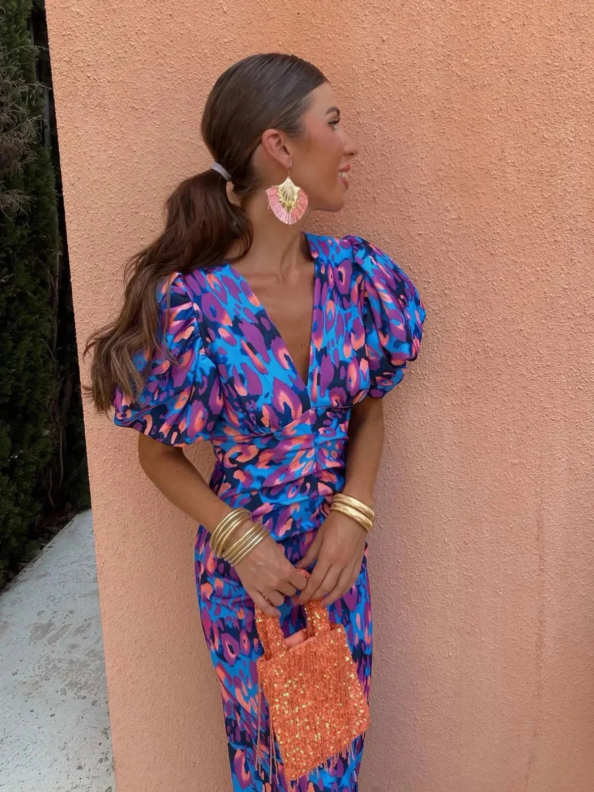Plissé-Sleeve Floral Dress