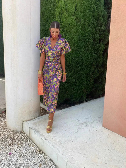 Plissé-Sleeve Floral Dress