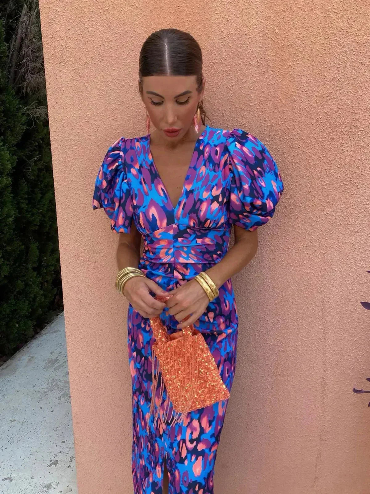 Plissé-Sleeve Floral Dress