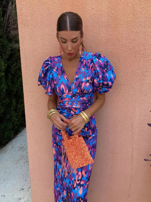 Plissé-Sleeve Floral Dress