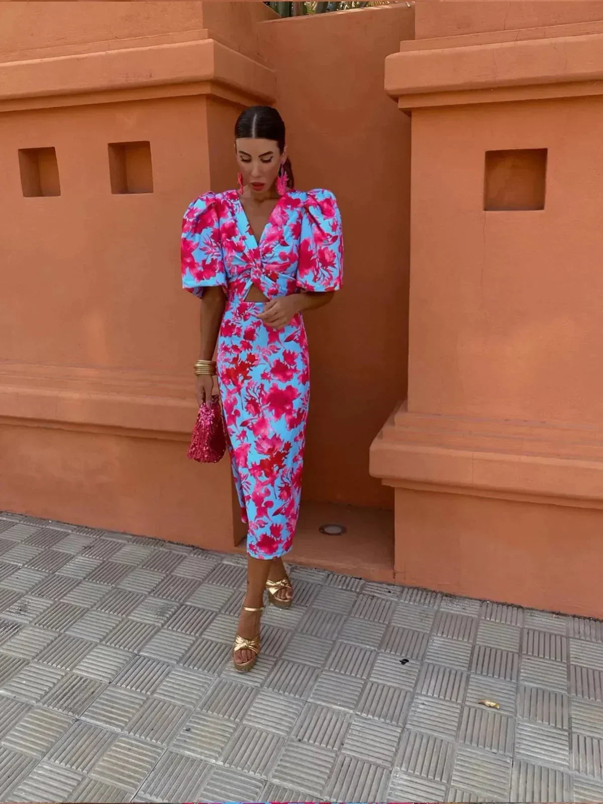 Plissé-Sleeve Floral Dress