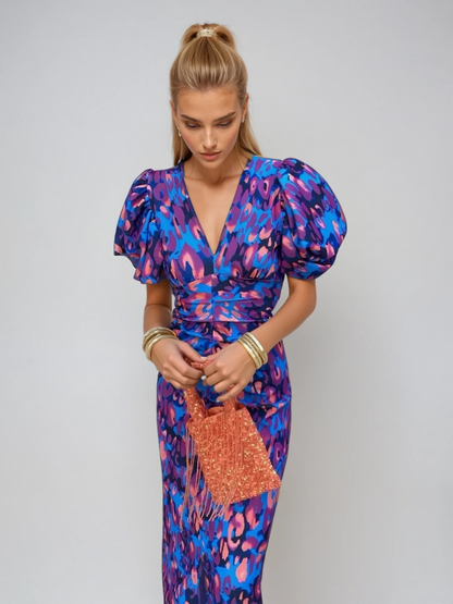 Plissé-Sleeve Floral Dress